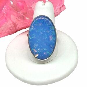 Blue Australian Fire Opal Ring Size 9.5 Solid 925 Sterling Silver Oval Stone